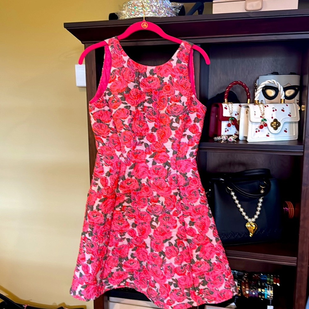 Kate Spade Pink and Red Rose Jaquard Cocktail Dress